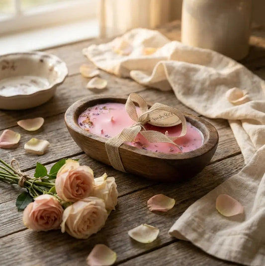 Fresh Rose Candle in Hand-carved Bowl | Organic Soy Candle