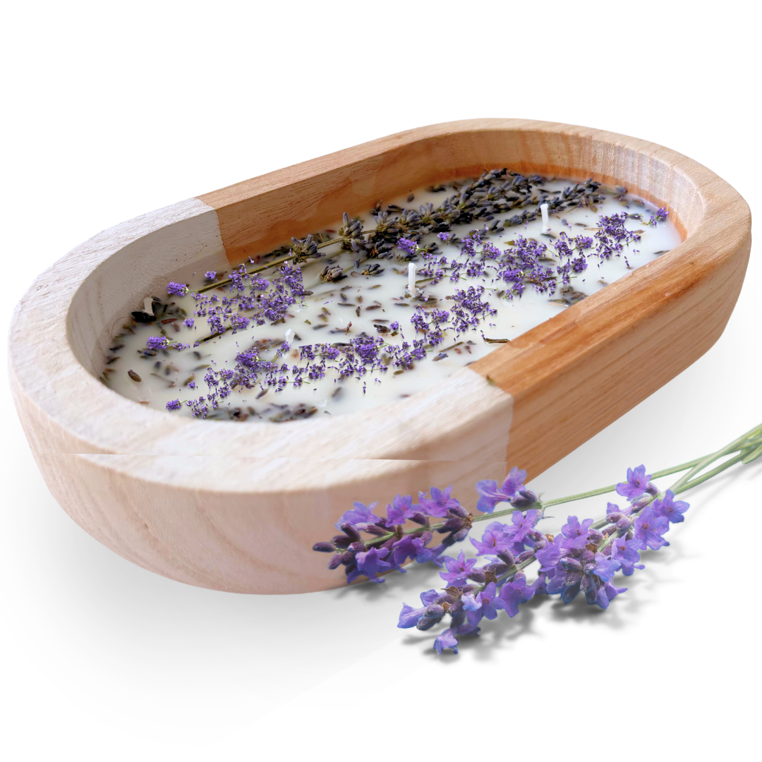ALOBYC, Wood Dough Bowl Candle with Lavender Scent and Dried Lavender, 3 Wick, Aromatherapy Candle, L10" x W6", 16 oz, Made in USA