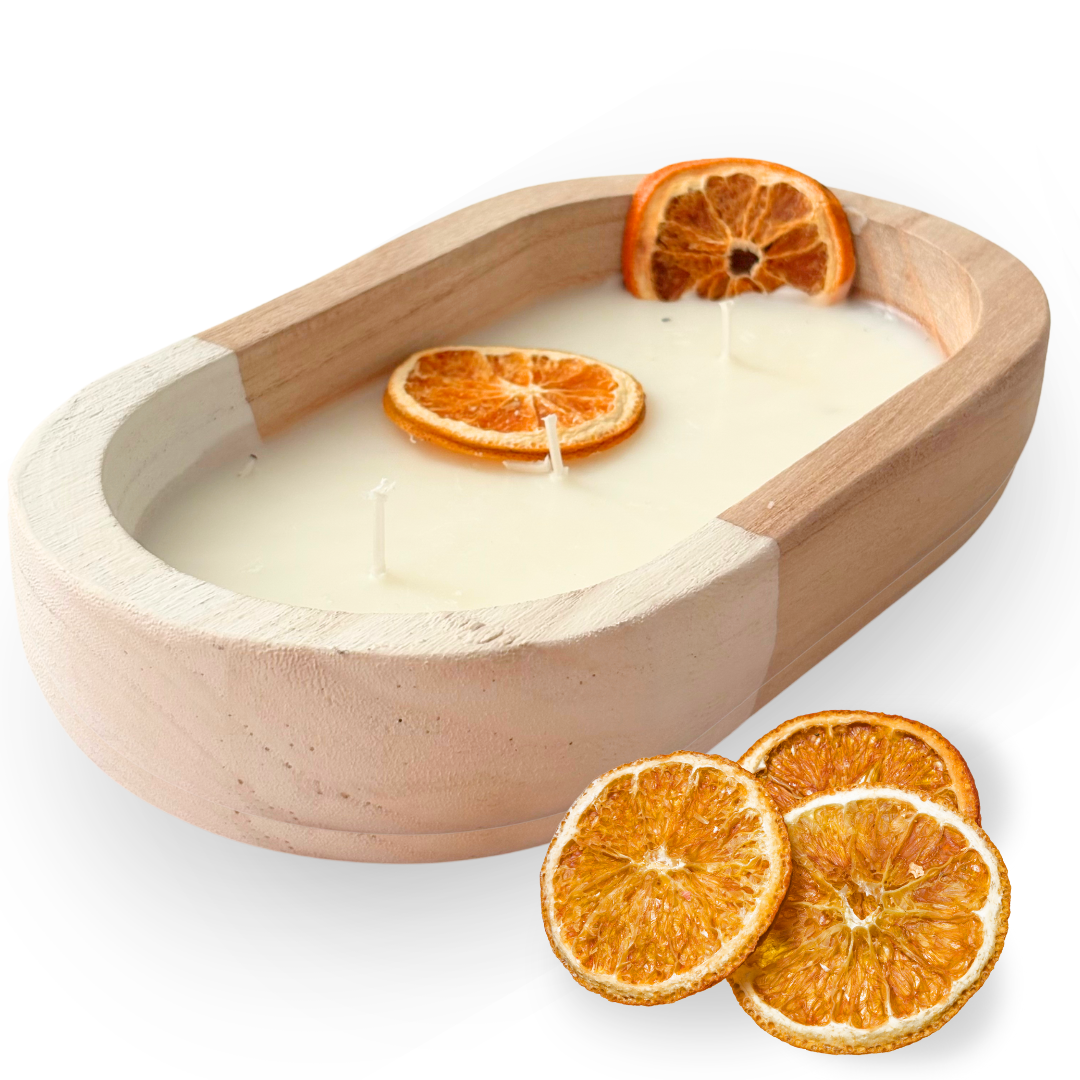 ALOBYC, Wood Dough Bowl Candle with Orange Citric Scent and Dried Orange Slices, 3 Wick, Aromatherapy Candle, L10" x W6", 16 oz, Made in USA