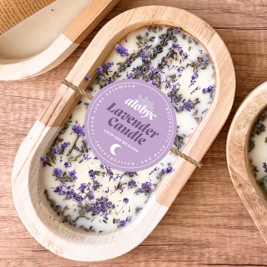 ALOBYC, Wood Dough Bowl Candle with Lavender Scent and Dried Lavender, 3 Wick, Aromatherapy Candle, L10" x W6", 16 oz, Made in USA
