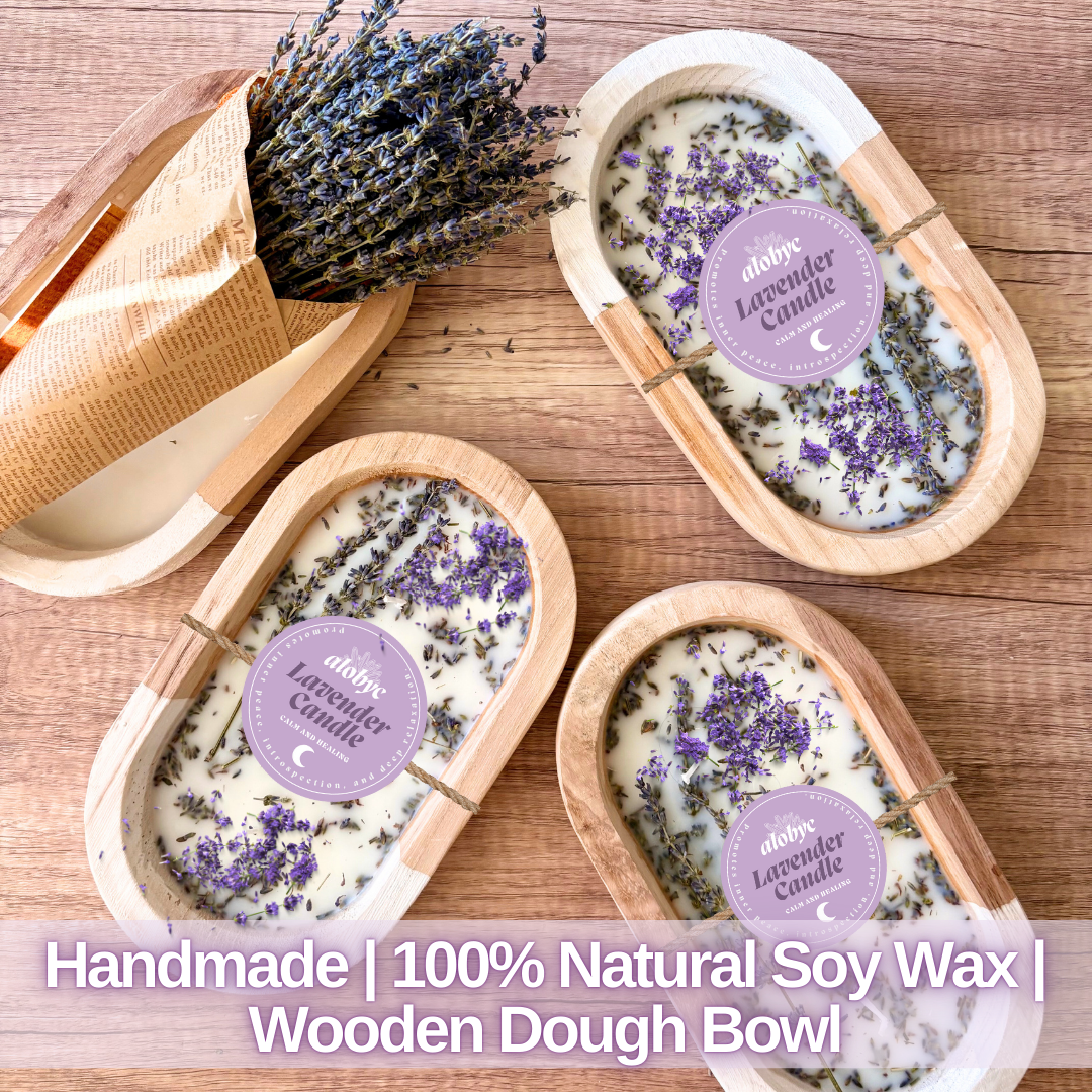 ALOBYC, Wood Dough Bowl Candle with Lavender Scent and Dried Lavender, 3 Wick, Aromatherapy Candle, L10" x W6", 16 oz, Made in USA