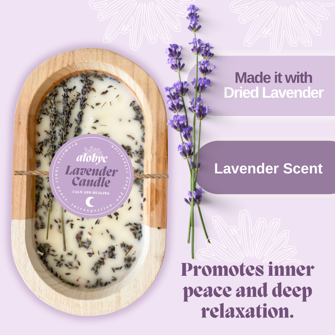 ALOBYC, Wood Dough Bowl Candle with Lavender Scent and Dried Lavender, 3 Wick, Aromatherapy Candle, L10" x W6", 16 oz, Made in USA