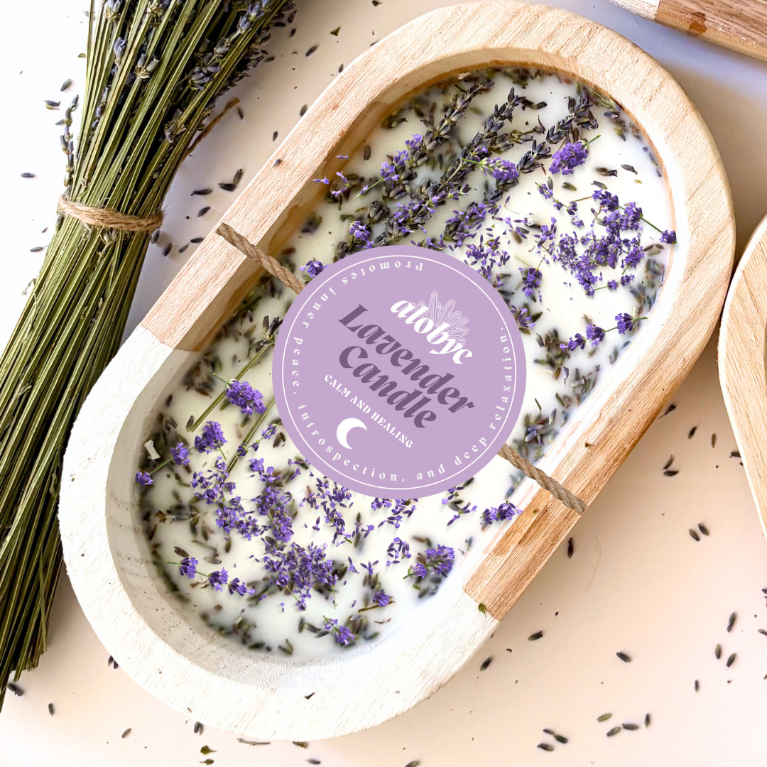 ALOBYC, Wood Dough Bowl Candle with Lavender Scent and Dried Lavender, 3 Wick, Aromatherapy Candle, L10" x W6", 16 oz, Made in USA