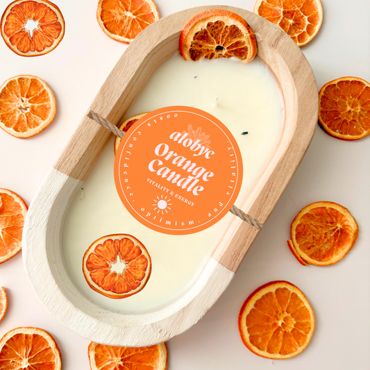 ALOBYC, Wood Dough Bowl Candle with Orange Citric Scent and Dried Orange Slices, 3 Wick, Aromatherapy Candle, L10" x W6", 16 oz, Made in USA