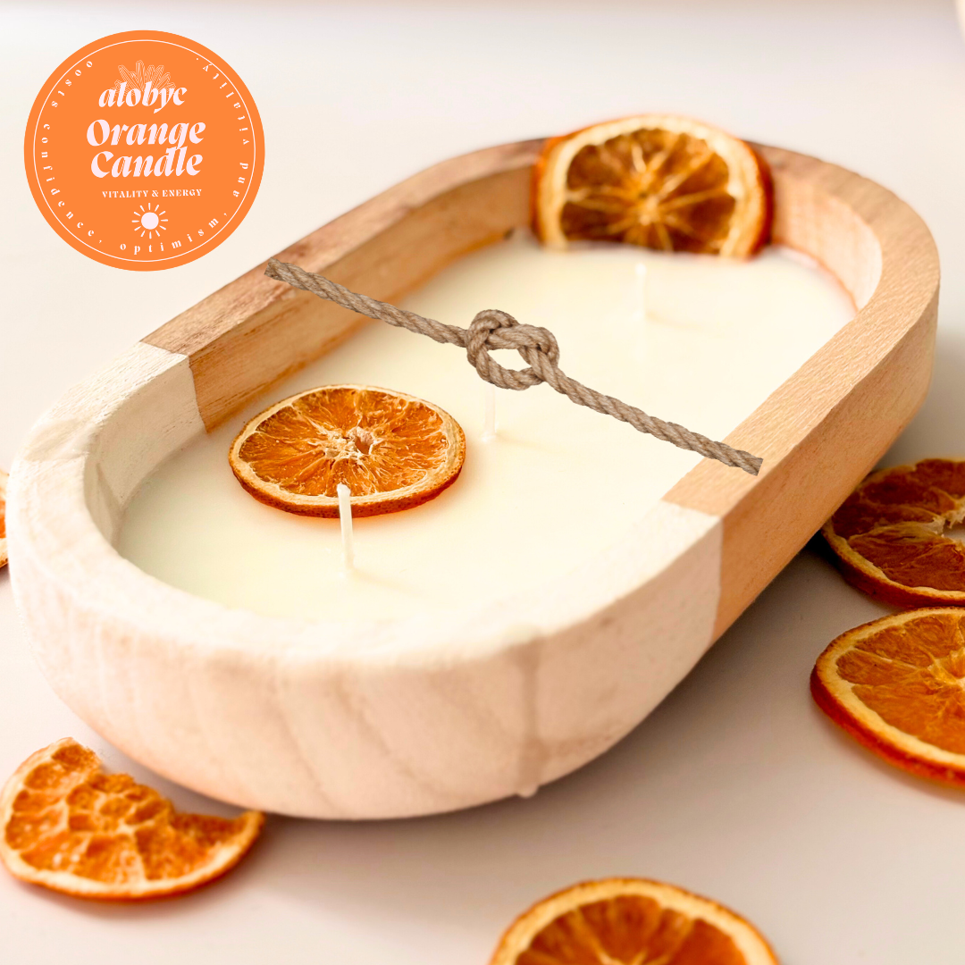 ALOBYC, Wood Dough Bowl Candle with Orange Citric Scent and Dried Orange Slices, 3 Wick, Aromatherapy Candle, L10" x W6", 16 oz, Made in USA