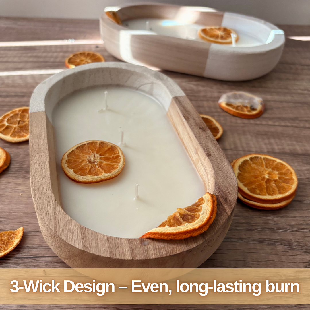 ALOBYC, Wood Dough Bowl Candle with Orange Citric Scent and Dried Orange Slices, 3 Wick, Aromatherapy Candle, L10" x W6", 16 oz, Made in USA