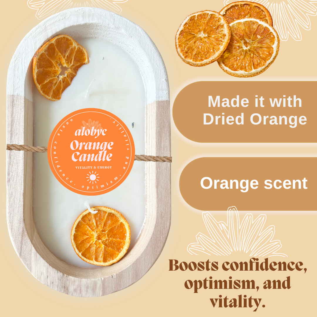 ALOBYC, Wood Dough Bowl Candle with Orange Citric Scent and Dried Orange Slices, 3 Wick, Aromatherapy Candle, L10" x W6", 16 oz, Made in USA