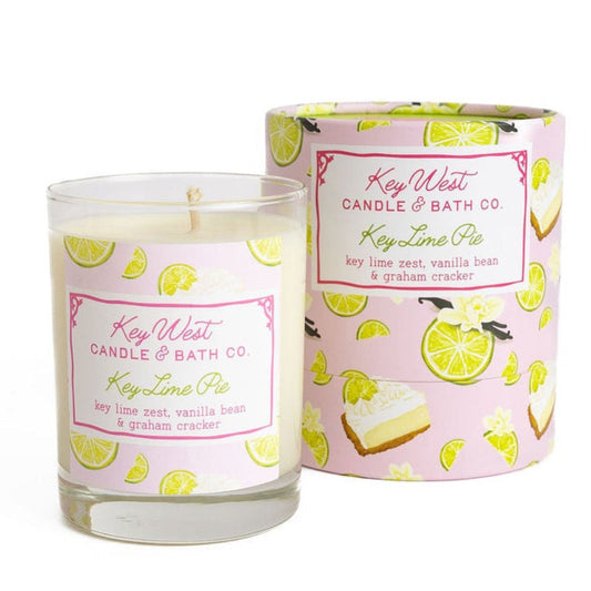 Candle and packaging with 'Key West Candle & Bath Co' branding on a white background