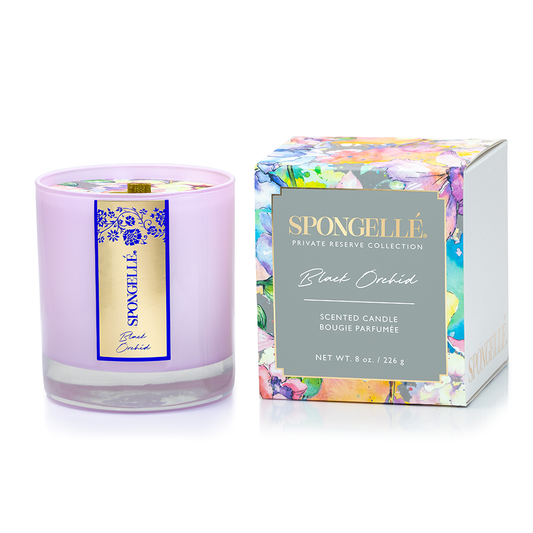 Spongellé Black Orchid scented candle with packaging on a white background