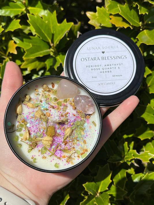 Ostara Blessings Easter Spring Equinox Herbal Intention Crystal Candle | Home Decor Ritual Altar Tool Crystal Stone Scented Soy Candle Devotional Gift
