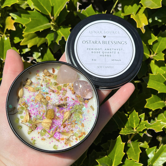 Ostara Blessings Easter Spring Equinox Herbal Intention Crystal Candle | Home Decor Ritual Altar Tool Crystal Stone Scented Soy Candle Devotional Gift