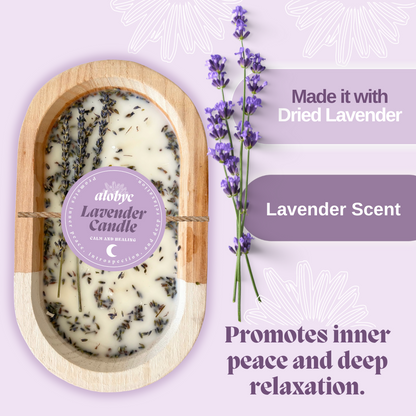 ALOBYC,  Wood Dough Bowl Candle with Lavender Scent and Dried Lavender, 3 Wick, Aromatherapy  Candle, L10" x W6", 16 oz, Made in USA
