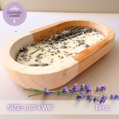 ALOBYC,  Wood Dough Bowl Candle with Lavender Scent and Dried Lavender, 3 Wick, Aromatherapy  Candle, L10" x W6", 16 oz, Made in USA