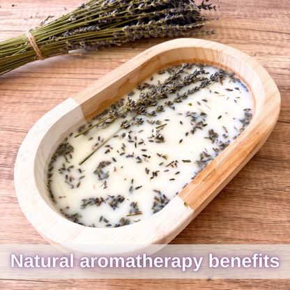 ALOBYC,  Wood Dough Bowl Candle with Lavender Scent and Dried Lavender, 3 Wick, Aromatherapy  Candle, L10" x W6", 16 oz, Made in USA