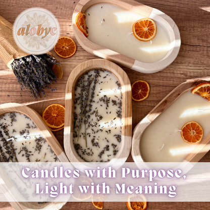 ALOBYC,  Wood Dough Bowl Candle with Lavender Scent and Dried Lavender, 3 Wick, Aromatherapy  Candle, L10" x W6", 16 oz, Made in USA